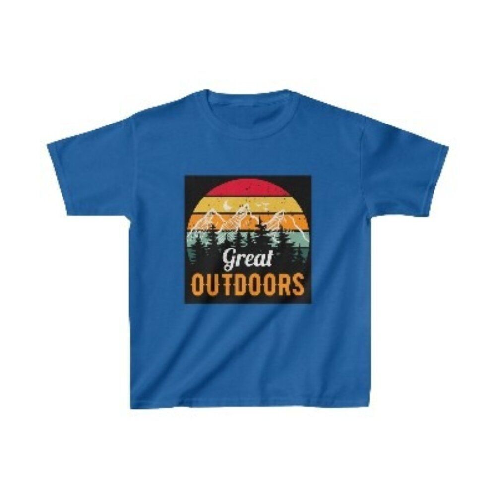 Blue T-Shirt with Retro Sunset, Mountains, and 'Great Outdoors' Graphic